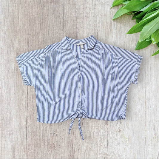 Chemise femme H&M oversize XL blanche rayures bleues manches courtes nouée