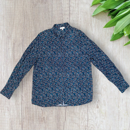 Chemise fluide Cyrillus femme 44 en cupro et viscose, bleu marine fleuri turquoise et blanc.