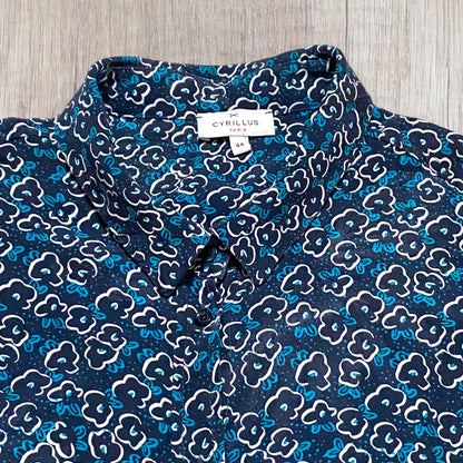 Chemise fluide Cyrillus femme 44 en cupro et viscose, bleu marine fleuri turquoise et blanc.