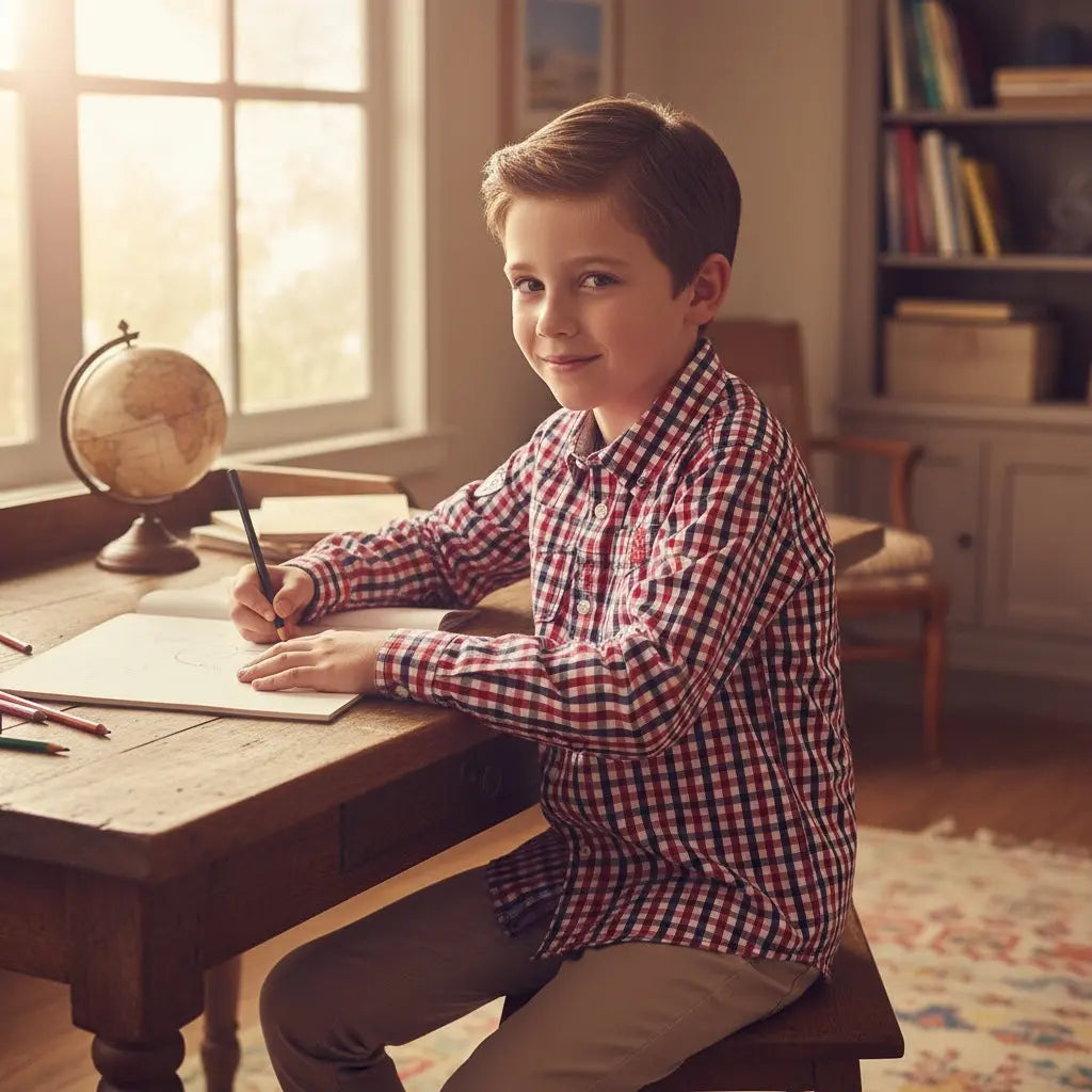 Chemise garçon P’tites Canailles 7 ans à carreaux rouge blanc noir avec broderie et boutons nacrés.