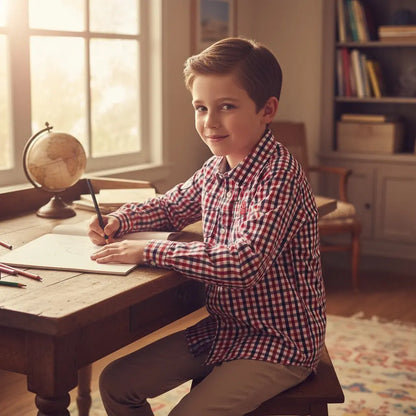 Chemise garçon P’tites Canailles 7 ans à carreaux rouge blanc noir avec broderie et boutons nacrés.