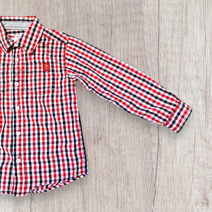 Chemise garçon P’tites Canailles 7 ans à carreaux rouge blanc noir avec broderie et boutons nacrés.