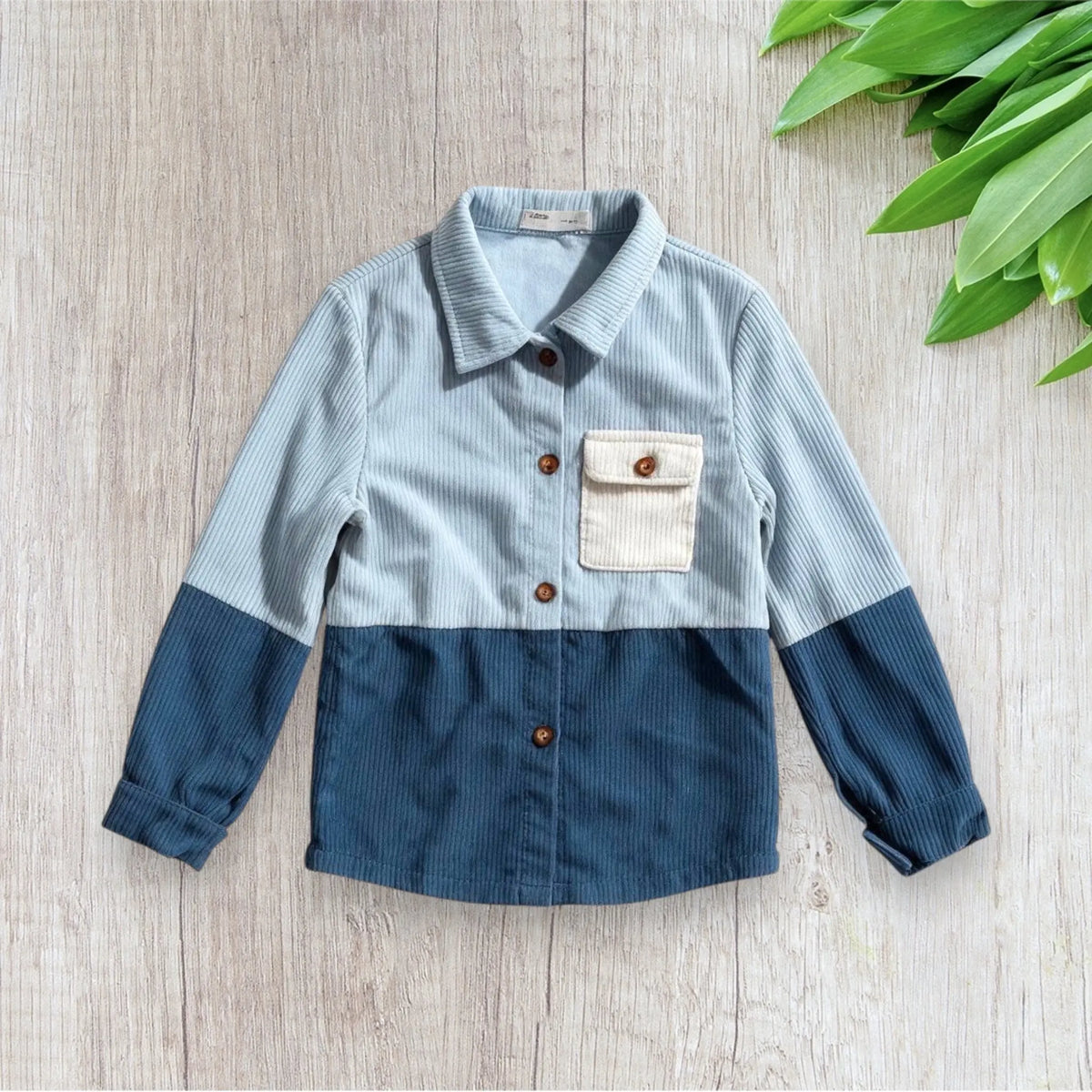 Chemise garçon Shein 5 ans en velours côtelé bleu ciel, bleu foncé et blanc avec boutons marron.
