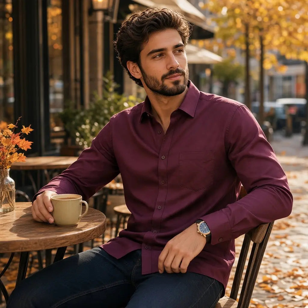 Chemise homme 8th Avenue taille 44 bordeaux à manches longues avec poche poitrine.