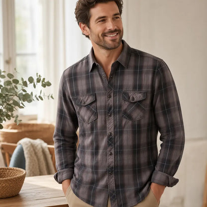 Chemise homme Best Mountain XL slim fit à carreaux gris bordeaux et noirs.