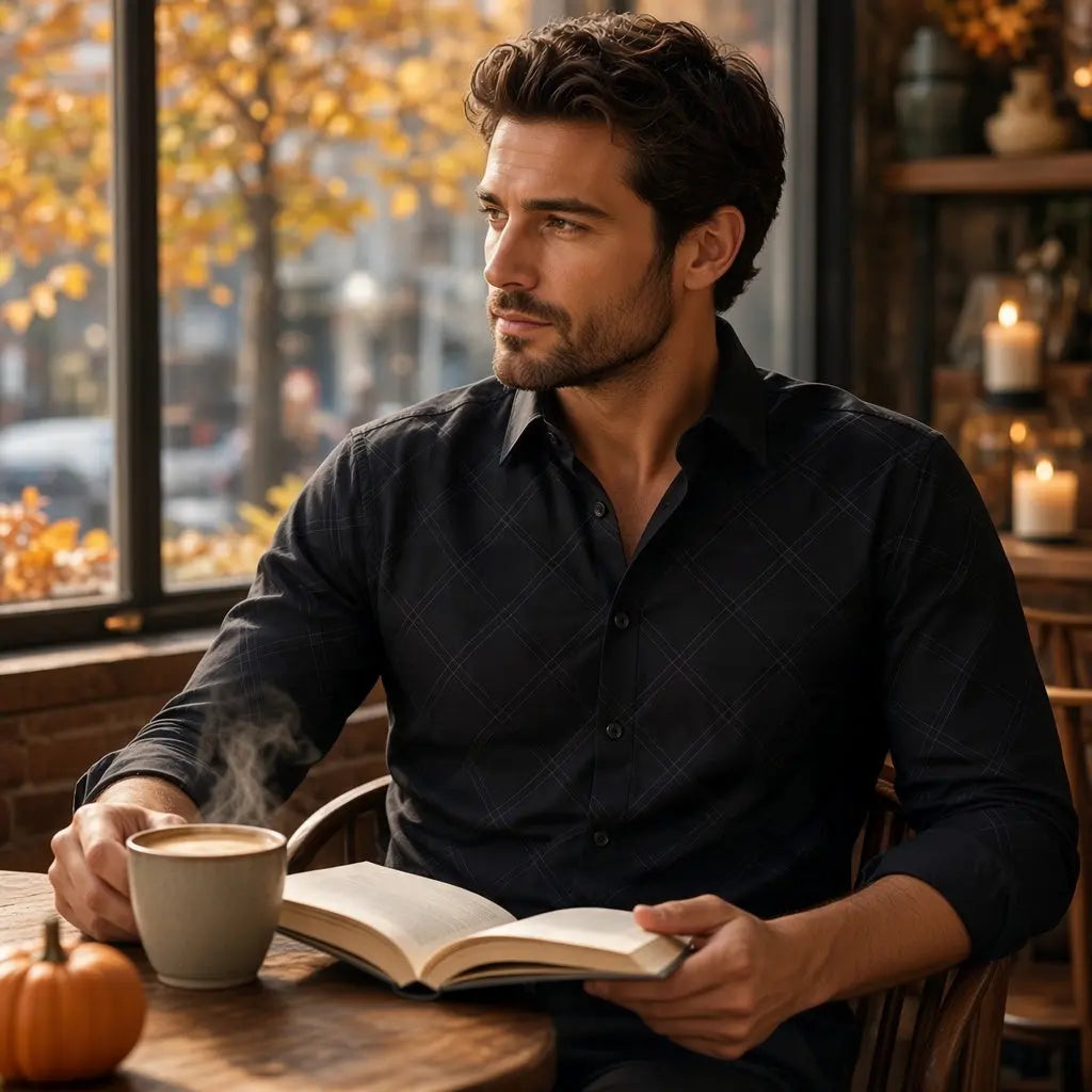 Chemise homme Cerrer taille 42 noire à fines rayures blanches croisées.