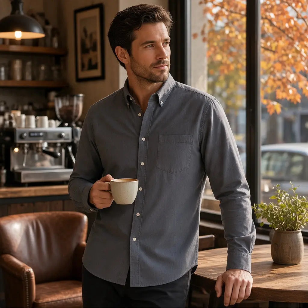Chemise homme Pietro Lazy taille 44 bleu gris à manches longues avec poche poitrine.