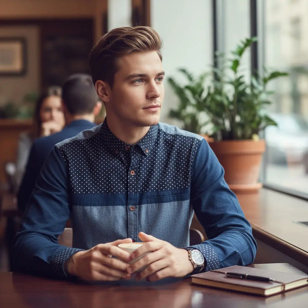 Chemise homme bi-matière Wish taille S velours et effet jean bleu marine
