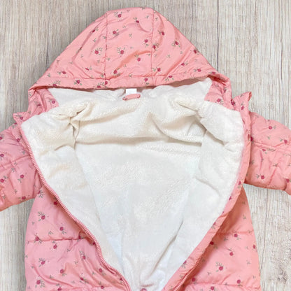 Combinaison doudoune bébé fille TEX 12 mois rose fleuri avec moufles.