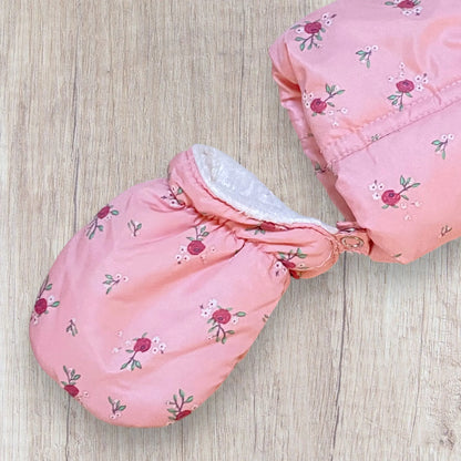 Combinaison doudoune bébé fille TEX 12 mois rose fleuri avec moufles.