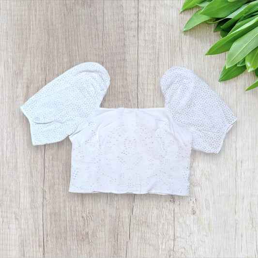 Crop top blanc H&M femme taille 46 broderie anglaise manches bouffantes