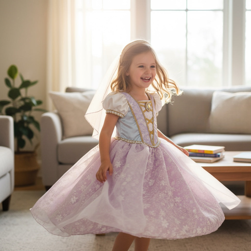 Déguisement Raiponce Disney fille 5/6 ans robe de mariée avec voile et détails dorés