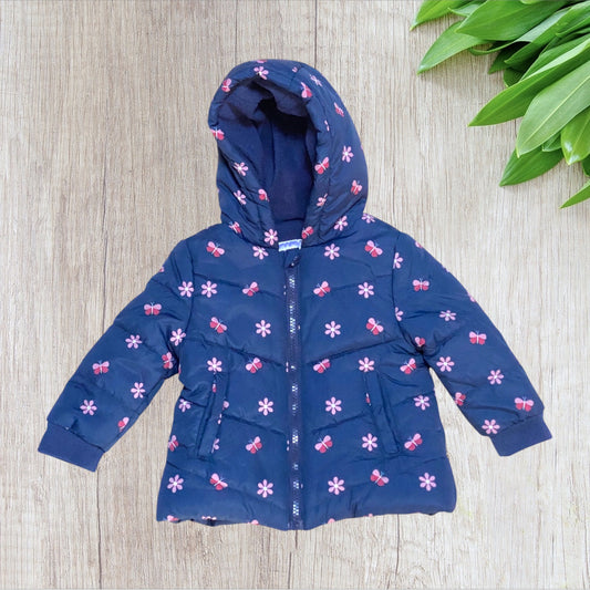 Doudoune bébé fille bleu marine à fleurs Mes Petits Cailloux 12 mois avec capuche et fermeture zippée.