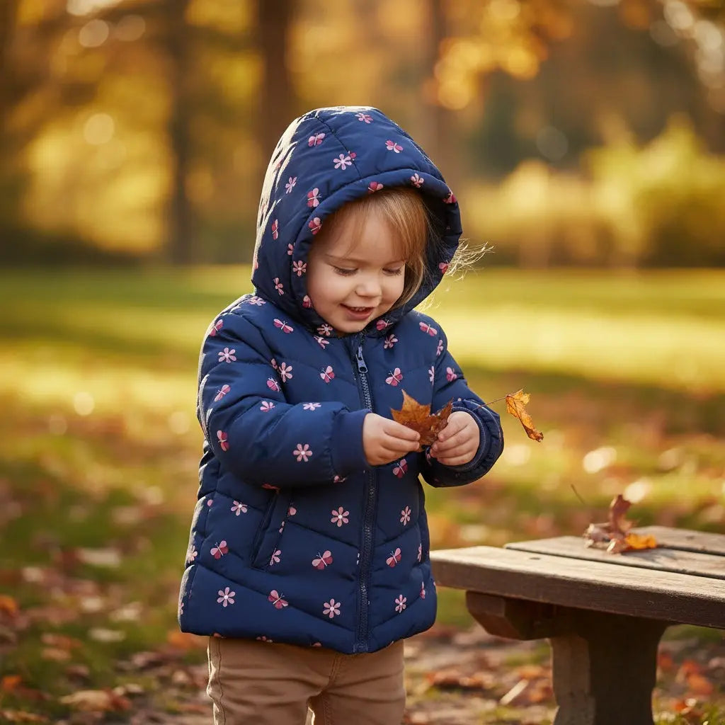 Doudoune bébé fille bleu marine à fleurs Mes Petits Cailloux 12 mois avec capuche et fermeture zippée.