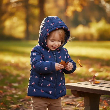 Doudoune bébé fille bleu marine à fleurs Mes Petits Cailloux 12 mois avec capuche et fermeture zippée.