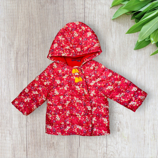 Doudoune bébé fille Sergent Major 9 mois rouge imprimé fleuri avec capuche et fermeture éclair, très bon état