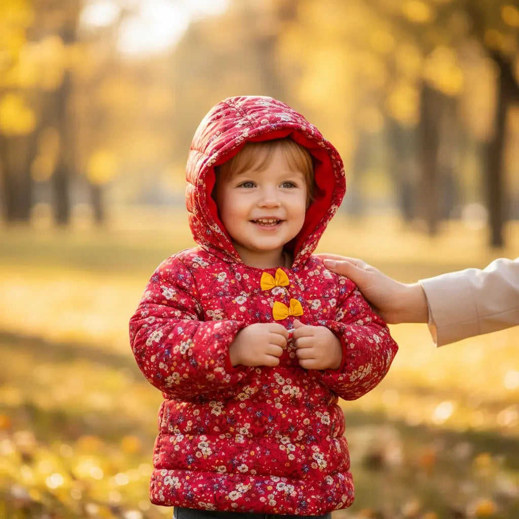 Doudoune bébé fille Sergent Major 9 mois rouge imprimé fleuri avec capuche et fermeture éclair, très bon état