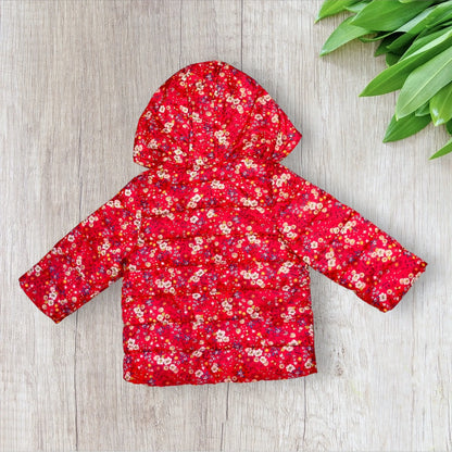 Doudoune bébé fille Sergent Major 9 mois rouge imprimé fleuri avec capuche et fermeture éclair, très bon état