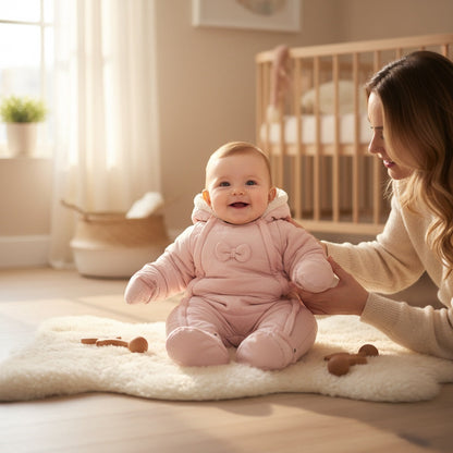 Doudoune combinaison intégrale bébé fille 18 mois La Redoute rose et blanc avec capuche et chaussons amovibles