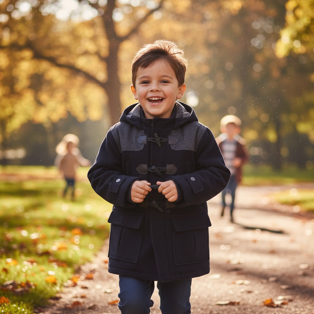 Duffle coat garçon Orchestra 4 ans bleu marine avec capuche et doublure à carreaux.