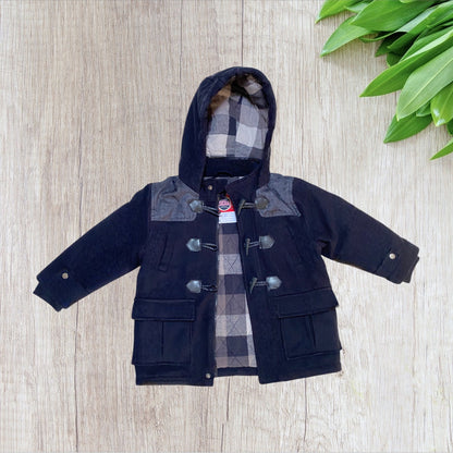 Duffle coat garçon Orchestra 4 ans bleu marine avec capuche et doublure à carreaux.