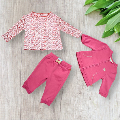 Ensemble bébé fille Obaïbi 9 mois vieux rose 3 pièces : veste, t-shirt et jogging.