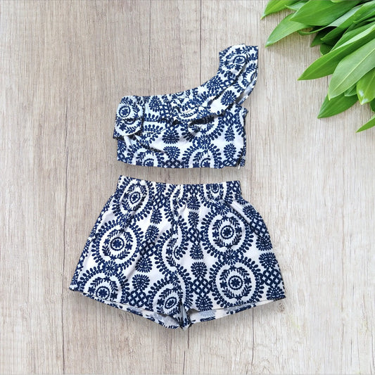 Ensemble Shein femme taille L neuf avec crop top asymétrique et short blanc bleu