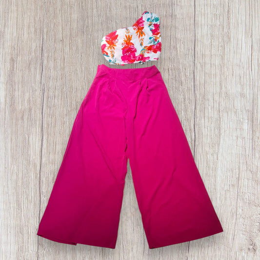 Ensemble Shein femme taille L très bon état avec haut asymétrique fleuri et pantalon fuchsia