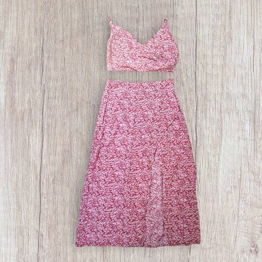 Ensemble femme fleuri rose fuchsia blanc taille L – crop top et jupe longue – bon état
