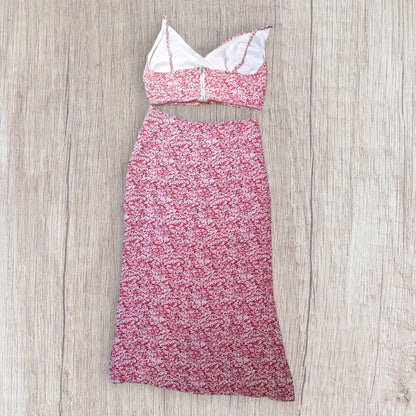 Ensemble femme fleuri rose fuchsia blanc taille L – crop top et jupe longue – bon état