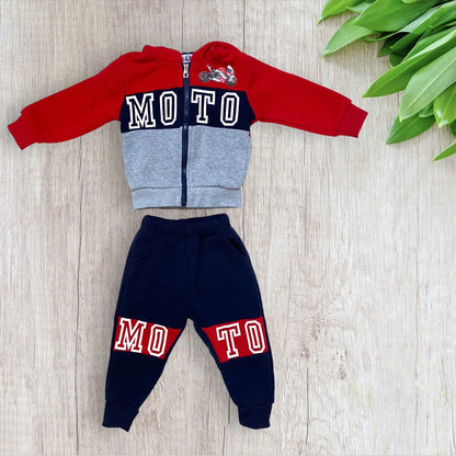 Ensemble jogging bébé garçon R&P 1 an thème moto avec veste zippée et pantalon bleu marine.