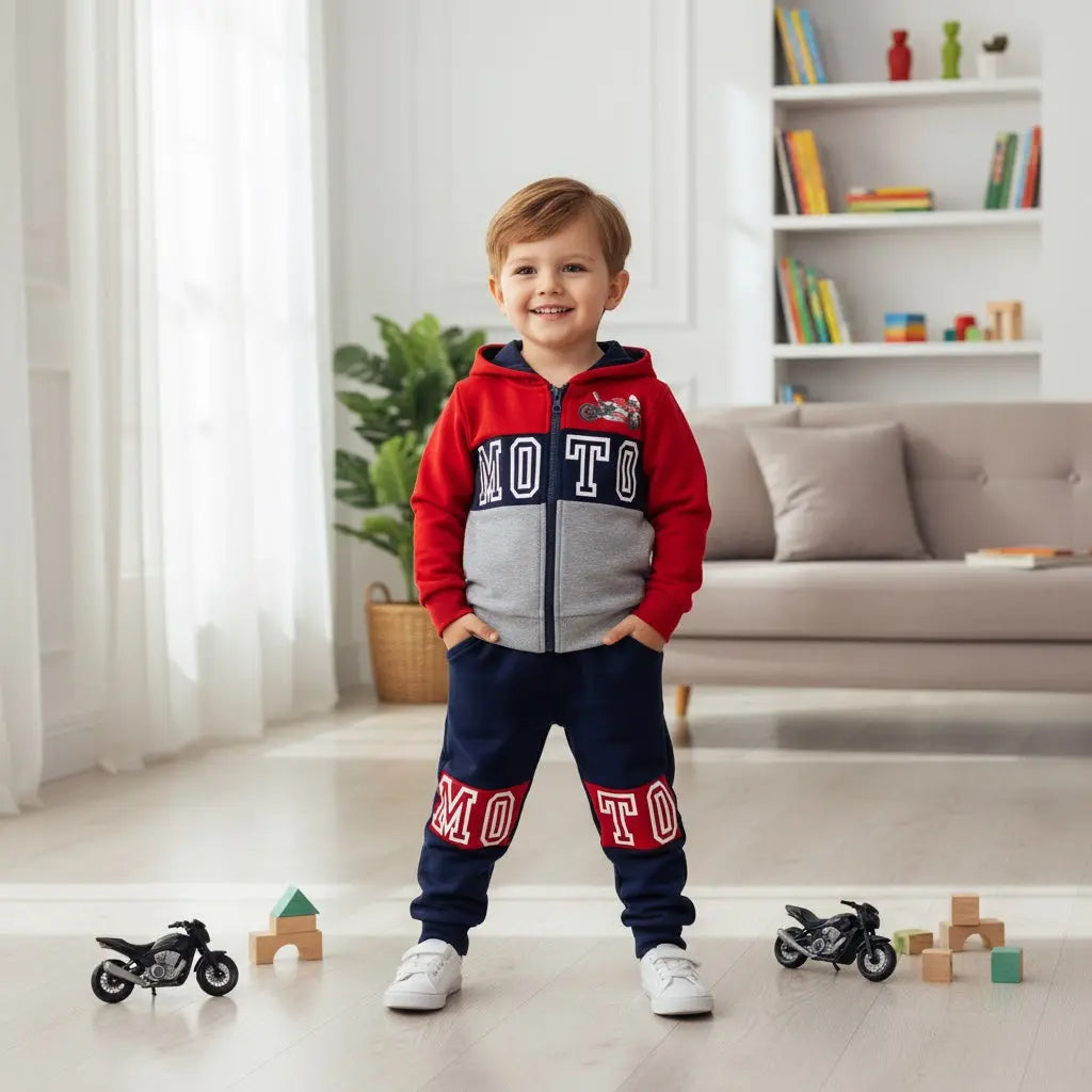 Ensemble jogging bébé garçon R&P 1 an thème moto avec veste zippée et pantalon bleu marine.