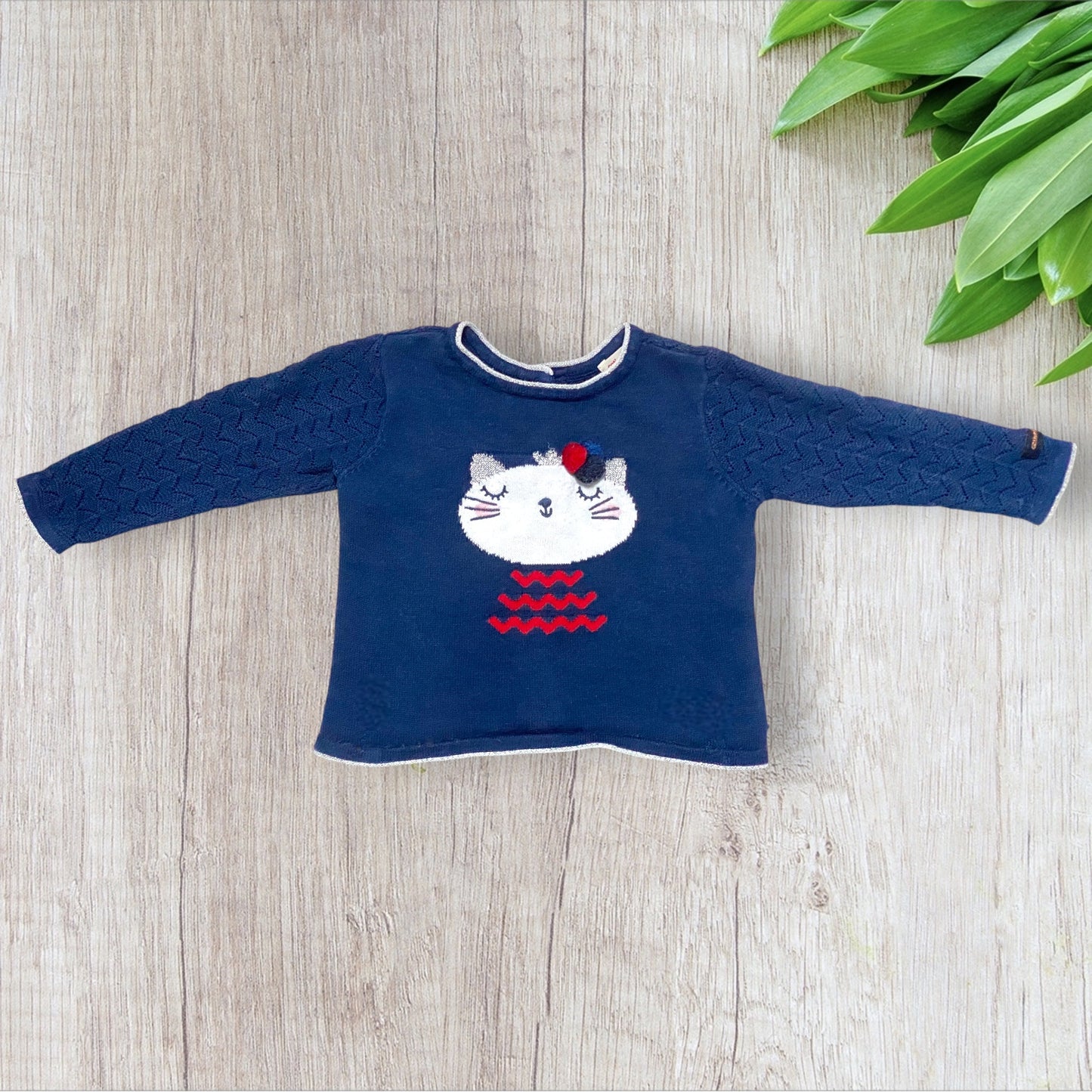 Gilet bébé fille Catimini 9 mois bleu marine brodé chat avec pompon