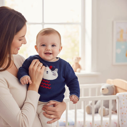 Gilet bébé fille Catimini 9 mois bleu marine brodé chat avec pompon
