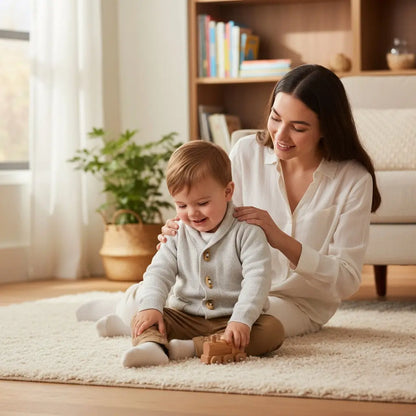 Gilet bébé garçon Pat & Ripaton 6 mois crème avec col V et boutons marron clair, très bon état