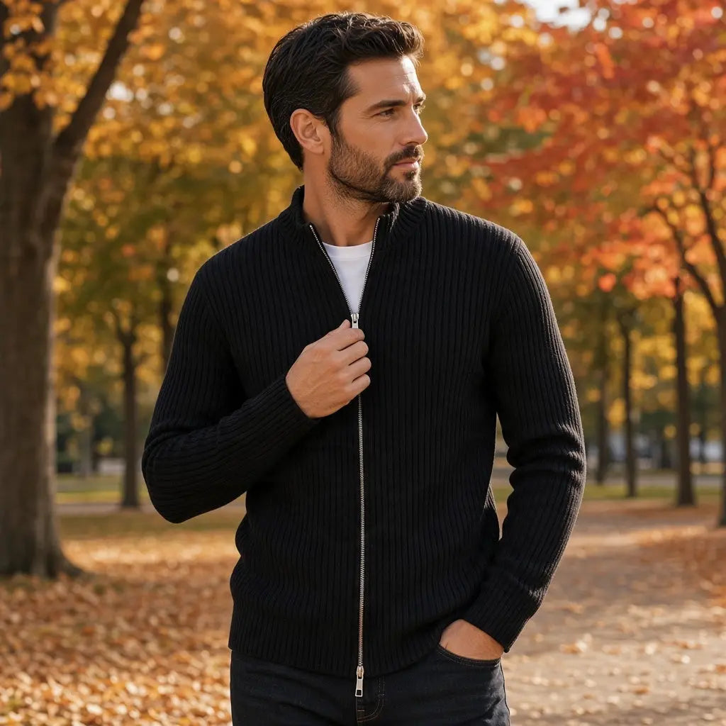 Gilet homme T-Traxx XL noir en maille côtelée avec col montant et double fermeture zippée.