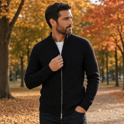 Gilet homme T-Traxx XL noir en maille côtelée avec col montant et double fermeture zippée.