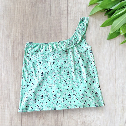 Haut Asymétrique à Volants - Taille L - Imprimé Fleuri Turquoise districenter