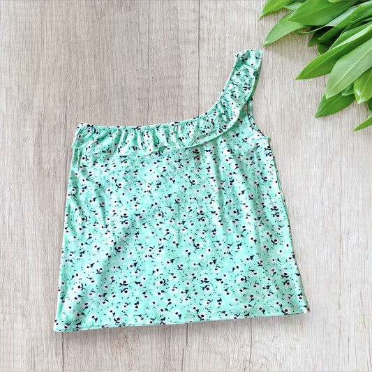 Haut Asymétrique à Volants - Taille L - Imprimé Fleuri Turquoise districenter