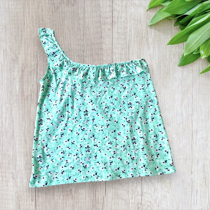 Haut Asymétrique à Volants - Taille L - Imprimé Fleuri Turquoise districenter