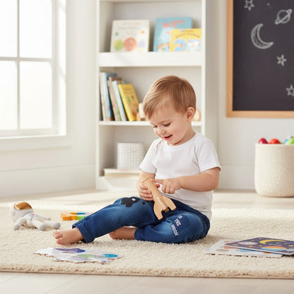 Jean bébé garçon Orchestra 9 mois bleu effet usé avec broderies fusée et étoiles.