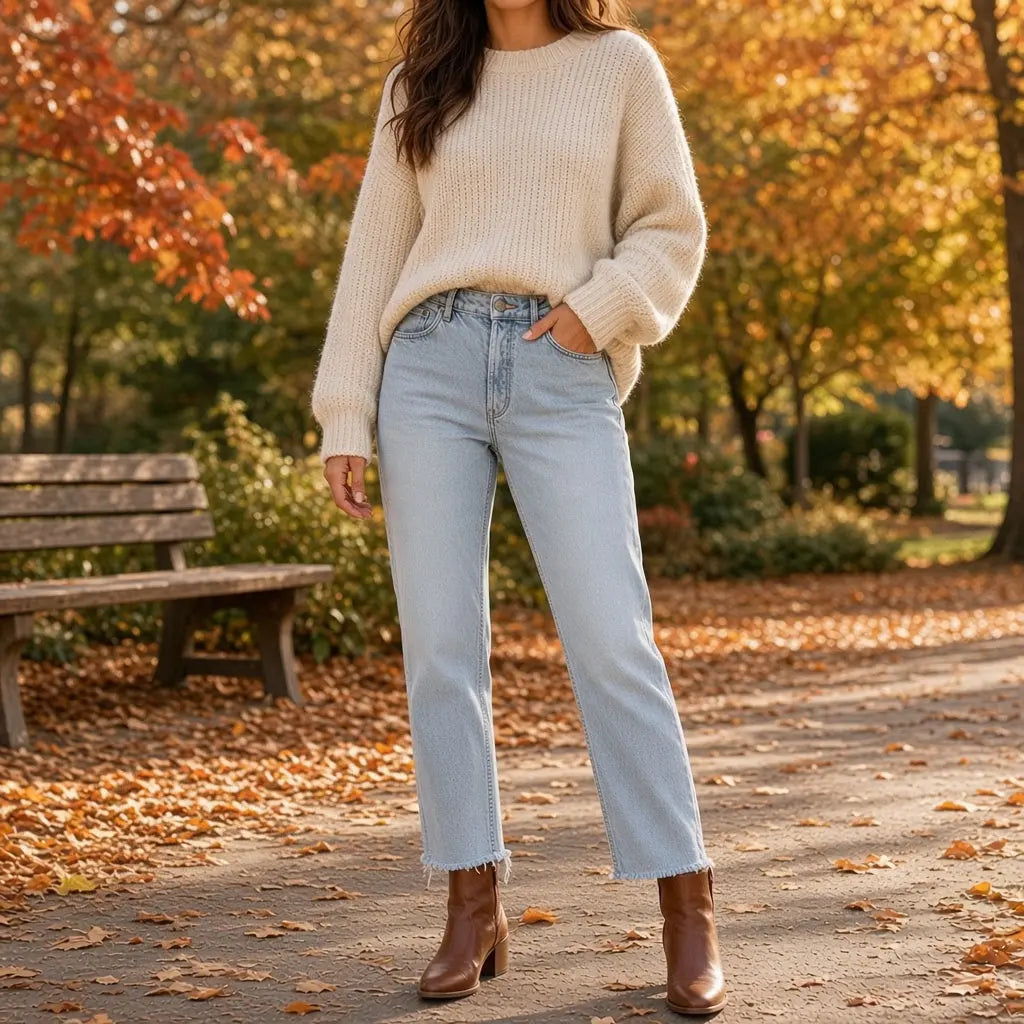 Jean boyfriend pantacourt femme H&M taille 48 en denim bleu clair délavé avec ourlets effilochés.