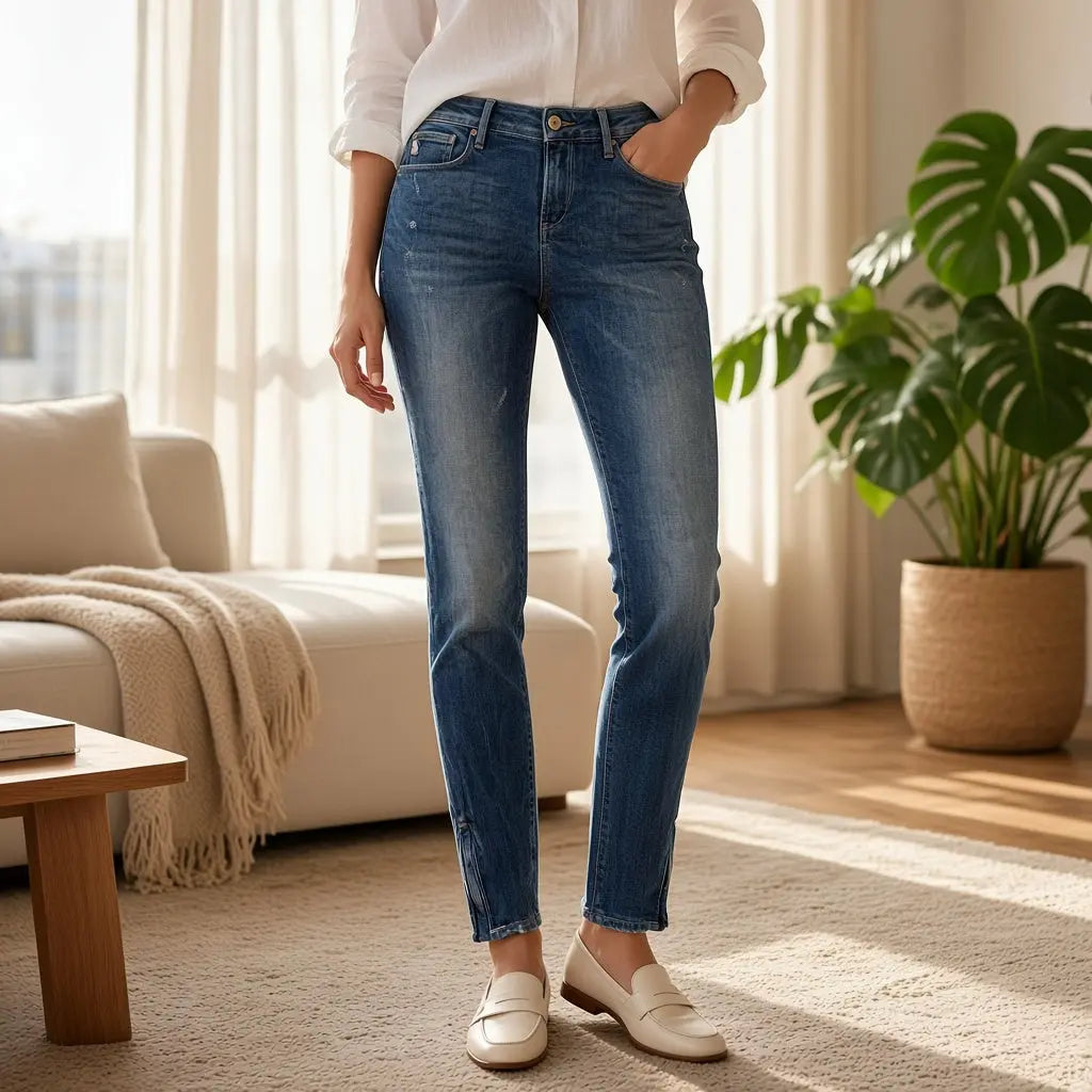 Jean femme Le Temps des Cerises taille 34 bleu slim effet délavé avec zips aux chevilles.