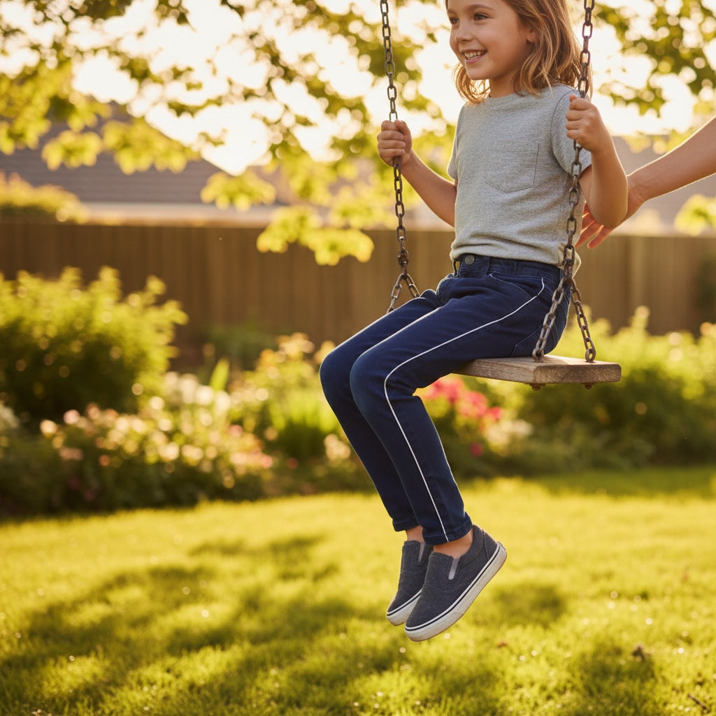 Jean fille 6 ans slim foncé avec liseré argenté et effet décoloré aux genoux