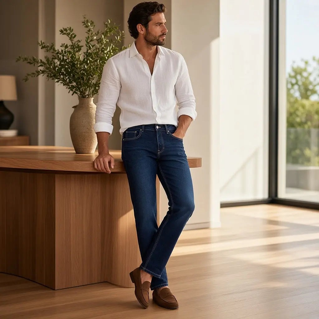 Jean homme Lidl taille 40 bleu foncé à 5 poches.