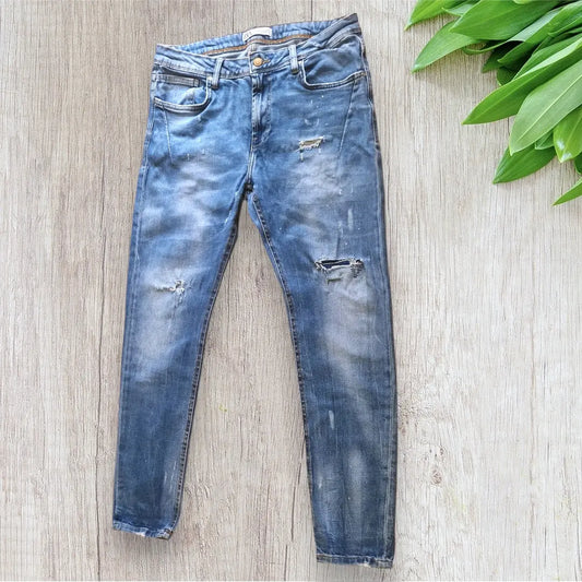 Jean homme Zara bleu denim effet destroy, taille 44, très bon état