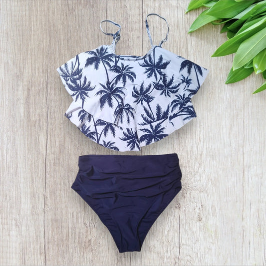 Maillot 2 pièces femme Shein taille L – blanc palmiers + culotte taille haute bleu – neuf avec étiquette