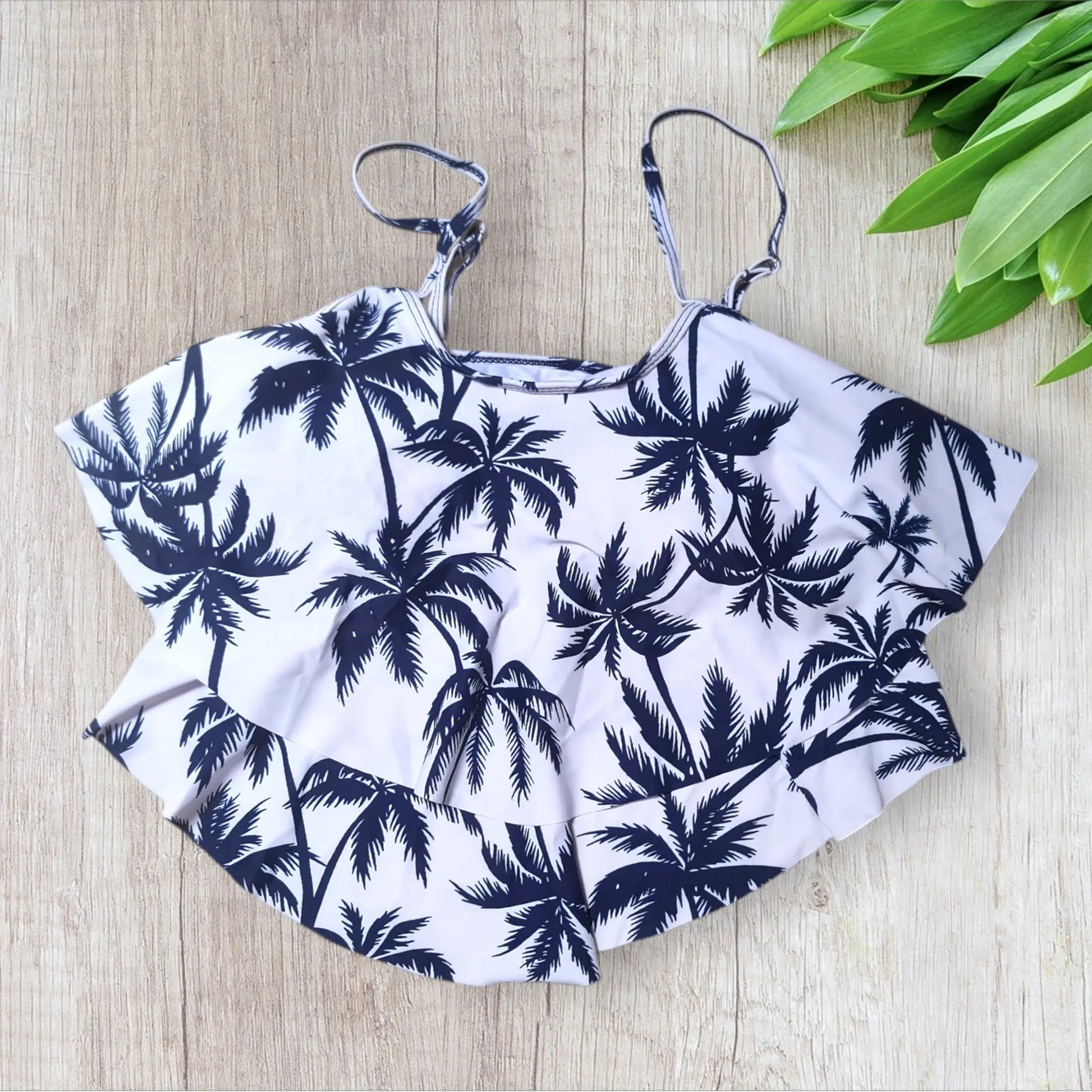 Maillot 2 pièces femme Shein taille L – blanc palmiers + culotte taille haute bleu – neuf avec étiquette