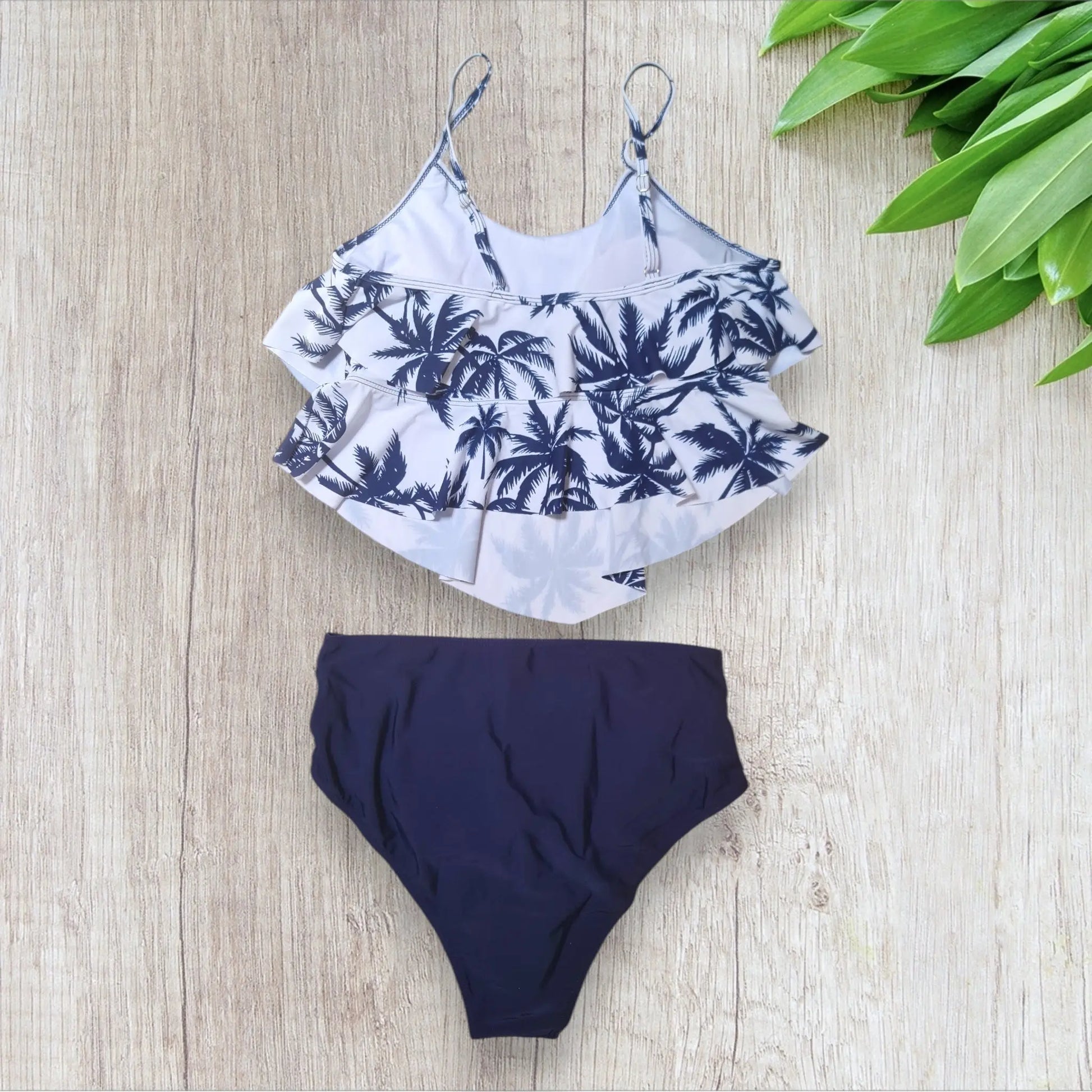 Maillot 2 pièces femme Shein taille L – blanc palmiers + culotte taille haute bleu – neuf avec étiquette