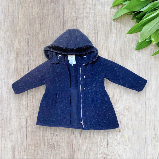 Manteau fille Vertbaudet 5 ans bleu marine à fils argentés avec capuche amovible et doublure moumoute